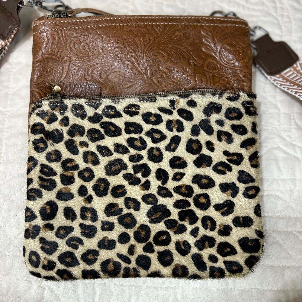 Myra Bag Brown Tooled Leather Leopard Cheetah Print Crossbody Purse